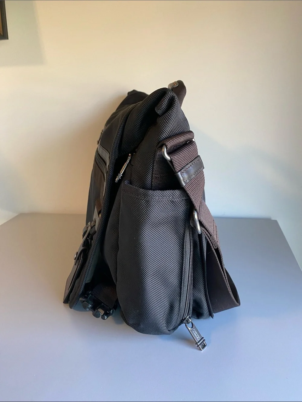 Tumi Black Nylon Messenger Bag with Brown Trim